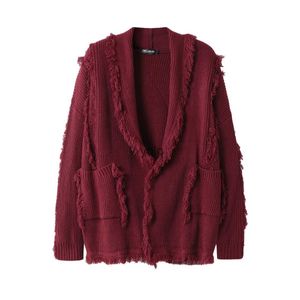 Męskie swetry Solidny kolor Red Knit Cardigan Spersonalizowany sweter sweter kardigan z frędzlami