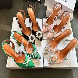 Muaddiies Dress Shoes Sandals Satin Poinded Slingbacks Bowtie Pumps Crystal-Sunflower High Heeled Shoe10cm女性の高級デザイナーパーティーウェディングシューズ