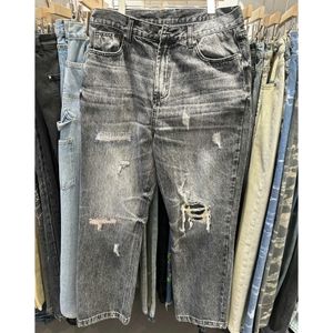 Riktiga foton nya män lös raka jeans byxor hål casual denim byxor