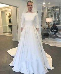 Country Bohemian Western A Line Wedding Dresses Vintage Sexy Jewel Neck Satin 3/4 Long Sleeves Bridal Gowns Robes De Mariee Sweep Train Button Back