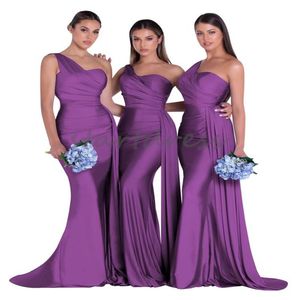 Elegant One Shoulder Bridesmaid Dress 2024 Plus Size Mermaid Satin Maid Of Honor Dress Purple Black Silver Floor Length Wedding Guest Dress With Train Evening Prom