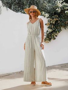 Kvinnors jumpsuits Rompers Cotton Striped Tie Rems Jumpsuit For Women Sexig V-ringning Långt spel 2023 Sommarövergrepp Romper Jumpsuitl240111