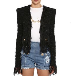 S-XL High Quality Fashion Bright Silk Woolen Tassel Lace Pocket Metal Button Women'S Jacket Coat Black 240112