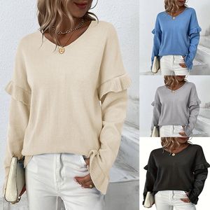 Women's Fashionable Loose Fit V-Neck Bell Sleeve Sweater featuring Fresh and Sweet Style made of Soft and Comfortable Fabric available in Black Apricot Blue AST380883