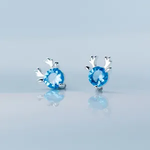 Stud Earrings 925 Sterling Silver Christmas Jewelry Blue Cubic Zirconia Elk Deer Small Animal Earring For Girl Kids Daughter