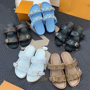 Luxury Sandals tofflor Bom Dia Slides äkta läder Casual Flats Mules Hasp Beach Summer Designer Women Platform Slippers Sandale