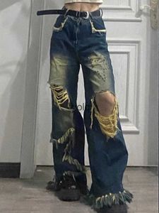 Kvinnors jeans amerikanska retro kvinnor tassel rippade jeans hög midja stjärna lapp trendiga varumärke mode lösa bred bengolv mopping pantsyolq