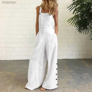 Women's Jumpsuits Rompers HotWomen Jumpsuit Rompers Wide Leg Pants Pure Color Low Cut Plus Size Side Buttons Sleeveless Long Trousers Suspenders PlaysuitL240111