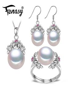 Fenasy 925 Sterling Silver Natural Pearl Ruby smyckesuppsättningar för kvinnor vintage dingle örhängen Bohemisk blommahalsband J1907182188809