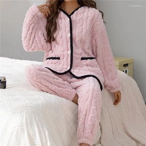 Women's Sleepwear Warm Coral Fleece Autumn Winter Pajamas Women Flannel Thickening Couple Long-Sleeved Lapel Home Service Suit