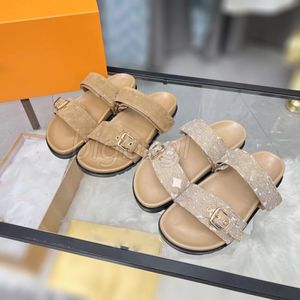 Designer Sandal Bom Dia Mules Comfort Flat Slipper Kvinnor Sandaler Män Slides Läder Suede Flats Double Band Buckle Slippers Luxury Casual Shoes