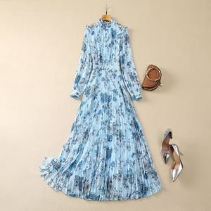 2024 Spring Blue Floral Print Paneled Dress Long Sleeve Stand Collar Long Maxi Casual Dresses A4J09