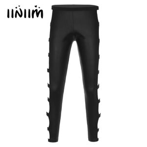 Black Mens Hollow Out PU Leather Skinny Pants Elastic Waistband Leggings Cutout Trousers Club Dance Performance Costume 240111