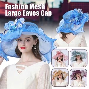 Cappello estivo da donna a tesa larga Organza Beach Flower Lady Church Hats Elegante Sun Bridal Floral Tea Party Cap 240111