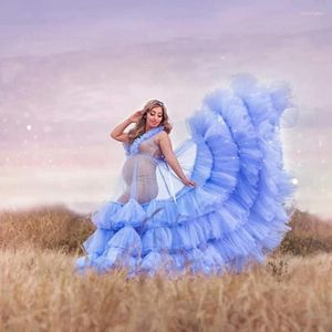 Casual klänningar himmelblå se genom ruffles tyll gravida kvinnor klär till pografi underbara skivored mesh mammorrockar ärmlösa klänningar