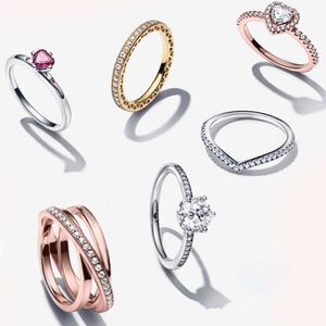 Kvinnor Sterling Sier Rings för Original Crown Heart Bone Engagement Wedding Rose Gold Crystal Ring Smycken