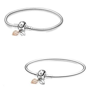 925 Sterling Silver Moments Rose Gold Leaves Clasp Snake Chain Bracelet Bangle Fit Bead Charm Diy Fashion Jewelry 240112