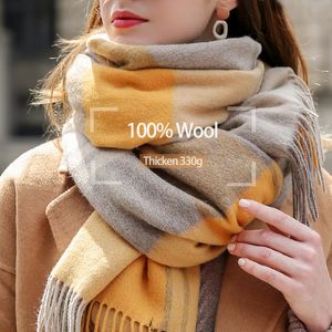 Inverno 100% lã real xadrez cachecol feminino xadrez cashmere cachecóis treliça grande xale e envoltórios senhoras quente echarpe pashmina 240111