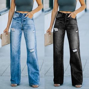 Women's Jeans Women Wide Leg Pants Holes Washing Ankle Length Denim Pockets Solid Color Spring 2024 Loose Fit High Street