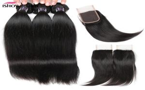 Całe tanie Brazylijskie Brazylijskie Bundle z prostymi włosami z zamknięciem 3PCS Hair Hair Extensions z koronkowym 4x4