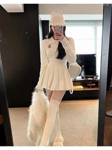 Women's Sweaters 2024 Young Lady Preppy Style High Waist Pleated Short Skirt Suit Autumn Women British Knitted Solid Slim Tops With Skirts