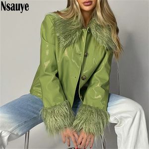 Nsauye Winter Damen Umlegekragen Lederjacken Mantel Outwear Vintage Kunstpelz Langarm Y2K Casual Kurze Jacke Tops 240112