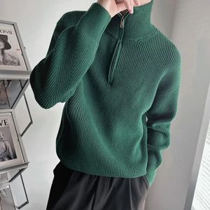 Stickade tröjor för män blixtlåsen Plain Man kläder tröjor med grön zip-up fast färg krage tops överfit jumpers s en rolig ful 240112