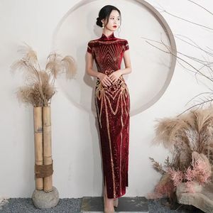 Traditionelles Samt Pailletten Chinesisches Hochzeitskleid Meerjungfrau Langarm Frauen Cheongsam Chinesisches Kleid Dame Qipao Braut Partykleid