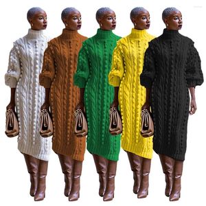 Casual Dresses Knitted Winter Women Fashion High Neck Long Sleeve Sweater Dress With Split Ladies Vintage Knit Midi