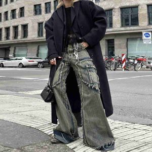 Men's Jeans Streetwear Heavy Craft Washed Distressed Faded Jeans Flare Slim Straight Tassel Jeans for Men and Women Edge Denim Pantsyolq