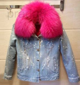 Damenjacken Designer neues Design echter Waschbärpelzkragen Löcher zerrissene Denimjeans Langarm Faux Liner Verdickung Kurzjacke Mantel Parka Casacos V9JM