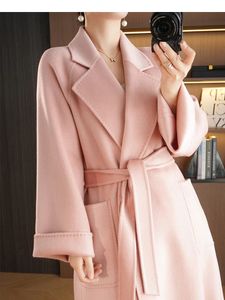 RosEvans High Quality Water Ripple Pink Double-sided Wool Jacket Belt Lapel Women coat Long Sleeve Long Fashion Loose Coat 240112