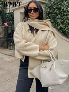 Frauen Kurzmantel Mit Schal Elegante Lose Lange Hülse Weibliche Woolen Mäntel Herbst Winter Büro Dame Chic Jacke 240111