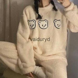 Casa roupas femininas conjunto de pijama quente de pelúcia veludo solto top e calças casa casual terno de lã térmica coreano menina kawaii conjuntos de lã tracksuitsvaiduryd