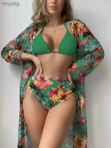 Women's Swimwear 2023 Summer Bikini Set Women High Waist Swimsuit Long Sleeve Cover Up Print Three Pieces Beach Bathing Suit YQ240112