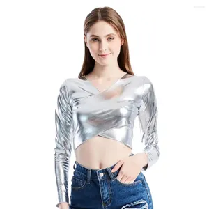 Kvinnor Bluses Women Club Top Short Midje-exponerad långärmad V Neck Slooth Glossy Faux Leather Pullover Slim Fit Performance Dance Lady