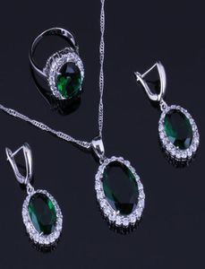 Affascinante ovale uovo verde zircone bianco CZ 925 set di gioielli in argento sterling per le donne orecchini pendente catena anello V02859336849