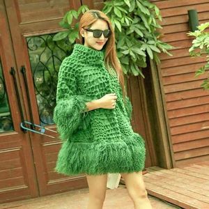Women's Fur & Faux Designer fashion natural rabbit fur stand collar three quarter sleeve loose mongolian tassel bottom medium long coat casacos XXL D7NW