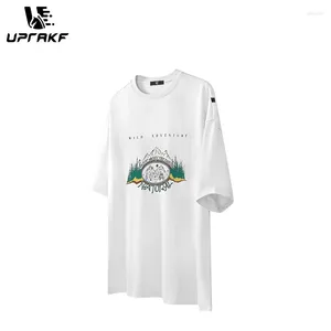 T-shirt da uomo UPRAKF Streetwear Oversize da uomo in cotone estivo con stampa grafica con spalle scoperte T-shirt a maniche corte Hip Hop Breve stile