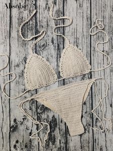Absobe вязаный полый комплект бикини ручной работы крючком женские купальники сексуальный купальник с лямкой на шее галстук наряд летние каникулы пляжная одежда 240113
