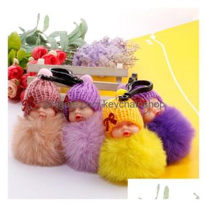 New Cute Slee Baby Doll Keychains For Women Bag Toy Key Ring Fluffy Pom Faux Fur P Drop Delivery Dhpy0