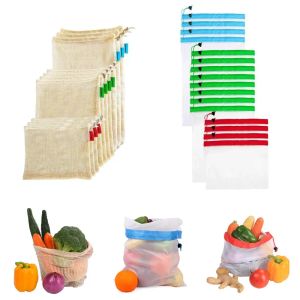 Reusable cotton mesh grocery shopping produce bags eco-friendly polyester fruit vegetable bags hand totes home storage bag