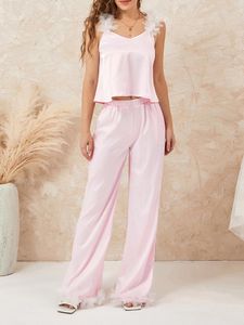 Women's Two Piece Pants Wsevypo Women Feather Trim Satin 2 Sets Casual Summer Lounge Wear Outfit Sleeveless Straps Caim Tops Wide Leg