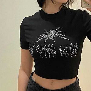 T-shirt das mulheres Punk Vintage Rhinone Spider Go Graphic T Shirt Mulheres Y2K Estilo Crop Top O-Ne Tshirt Bla Streetwear Manga Curta T-shirtyolq