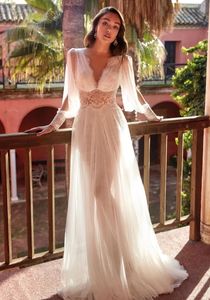 Simple Wedding Dress 2024 Boho Elegant A-Line Deep V-Neck Backless Lace Tulle Long Puffy Sleeve Robe De Mariee Sexy Bridal Gown Bride