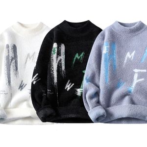 Tröja koreansk version Mens Longsleved Knit Sweatersmale Slim Fit Letter Printing Casual Pullover Man Harajuku Winter Hoodie 240113