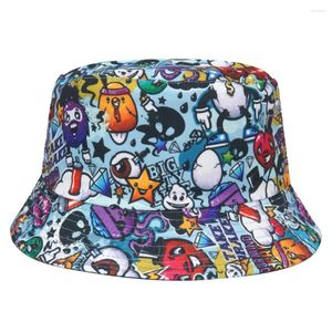 Berets Reversible Foldable Cartoon Print Bucket Hat Men Women Summer Sun Panama Outdoor Sunscreen Fishing Fisherman Hats Female Hip Hop