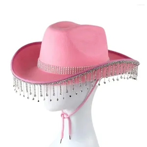 Geniş Memul Şapkalar Rhinestone Cowgirl Hat Retro Western Style Cosplay partileri için ayarlanabilir kravat ile