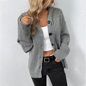 Hooded Cardigan for Women Drawstring Button Up Knit Sweater Jacket Autumn Winter Ladies Outfit 240112