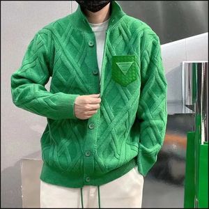 Spring and Autumn Green Standing Neck Diamond Sweater Men's Jacquard Loose Waist Knitted Cardigan Men's Top 240113